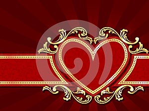 Horizontal heart-shaped red banner with gold filig