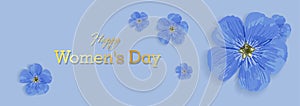 Horizontal holiday banner for Women`s Day. International Women`s Day. Blue elegant flyer. Greeting card. Purple field flower