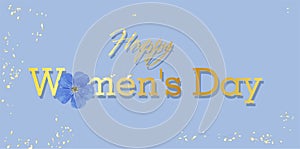 Horizontal holiday banner for Women`s Day. International Women`s Day. Blue elegant flyer. Greeting card. Purple field flower