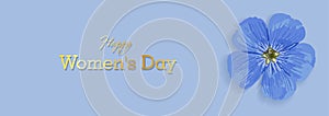 Horizontal holiday banner for Women`s Day. International Women`s Day. Blue elegant flyer. Greeting card. Purple field flower