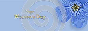 Horizontal holiday banner for Women`s Day. International Women`s Day. Blue elegant flyer. Greeting card. Purple field flower