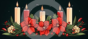 Horizontal illustration of Christmas flowers and candles cartoon line art. Christmas theme Horizontal illustration. For banners,