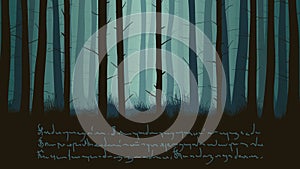 Horizontal illustration of dark misty coniferous forest.