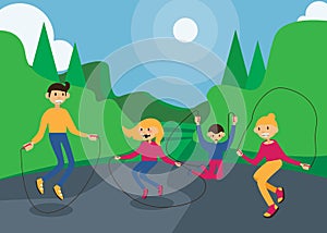Horizontal illustration with family skipping rope in summer park. Dad, mom and happy kids jumping