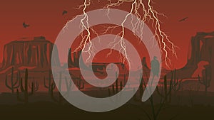 Horizontal illustration of prairie wild west with thunderstorm l