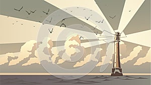 Horizontal illustration simple cartoon illustrations of lighthouse at twilight