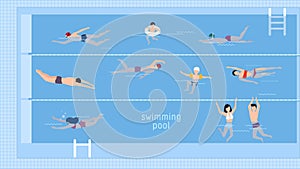 Horizontal illustration with swimmers in swimming pool. Top view. Various people and kids in water, swim in different photo