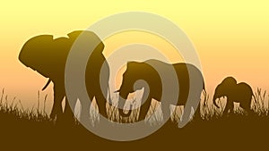 Horizontal illustration of wild animals in sunset savanna.