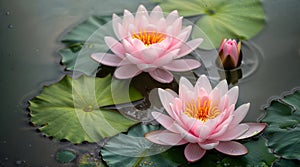 Horizontal image of blooming pink lotuses