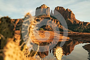 Horizontal image of cathedral rock in sedona Arizona usa secret slickrock with reflection of geological sandstone rock formations