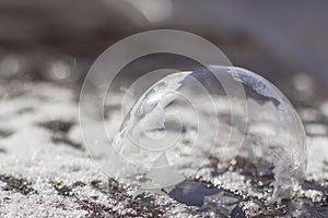 Horizontal image of frozen bubble in snow