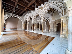 Horizontal image of interior with islamic arcs inside an Arabian medieval castle The Alhambra