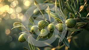 Horizontal image of an olive tree, with big green ripe olives against vibrant green background