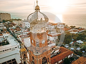 Horizontal image of our Lady of Guadalupe church in Puerto Vallarta, Jalisco, Mexico at sunset
