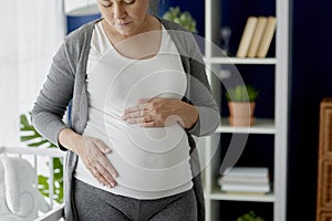 Horizontal image of pregnant woman stroking her abdomen