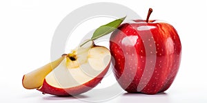 Horizontal image of red apple isolated in half on white background with clipping path, top view