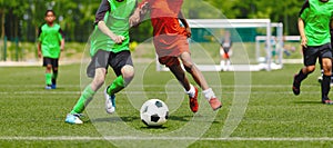 Horizontal image of teenagers playing football. Happy boys kicking a classic soccer ball on a grass field