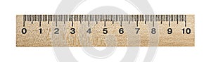 Horizontal image of wooden ruler isolated on white background, top view