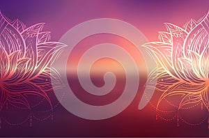 Horizontal invitation with spiritual symbol of lotus with tribal decoration on blurred ocean and sunset background. Calm and