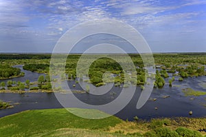 Horizontal landscape: the river flooded the valley. River and the field on a sunny summer day. Voroninsky National Park