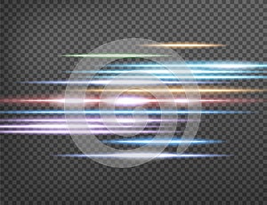 Horizontal lens flares pack. Laser beams, horizontal light rays isolated on transparent background. Vector illustration