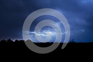 Horizontal lightning bolt with many side branches travels through the sky over a forest