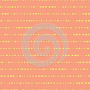 Horizontal lines dotted yellow on coral pattern. Seamless vector background. Simple coordinate. Abstract geometric lines doodle