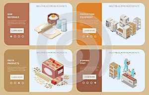 Horizontal Macaroni Pasta Production Isometric Banner Set