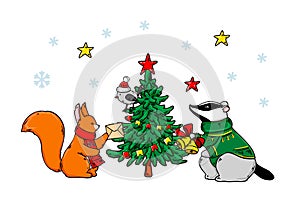 Horizontal Merry Christmas and Happy New Year greeting card with a cute squirrel, raccoon and Christmas tree. Hand drawn vector