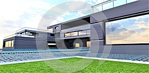 Horizontal metal panels as wall cladding for a futuristic private estate. Goes well with mirrored windows. 3d rendering