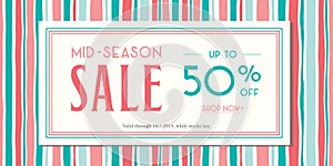 Horizontal Mid-Season Sale Banner with Colorful Hand Drawn Vertical Stripes. Classy Summer Abstract Social, Printed Ad