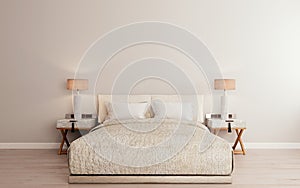 Horizontal mock up poster frame in modern interior background, luxury bed with clean bedding in modern bedroom, Scandinavian style