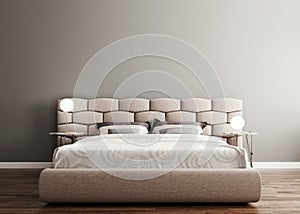 Horizontal mock up poster frame in modern interior background, luxury bed with clean bedding in modern bedroom, Scandinavian style