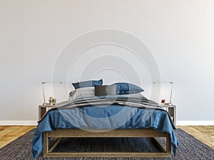 Horizontal mock up poster frame in modern interior background, luxury bed with clean blue bedding in modern bedroom