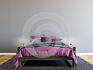 Horizontal mock up poster frame in modern interior background, luxury bed with clean purple bedding in modern bedroom