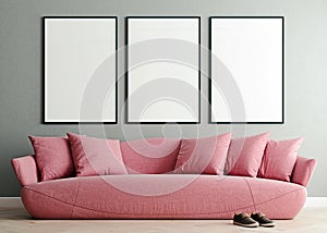 Horizontal mock up poster frame in modern interior background, millennial pink sofa in living room, Scandinavian style