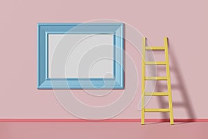 Horizontal mockup picture frame blue color hanging on a pink wall near the staircase. Abstract multicolored kids cartoon concept.