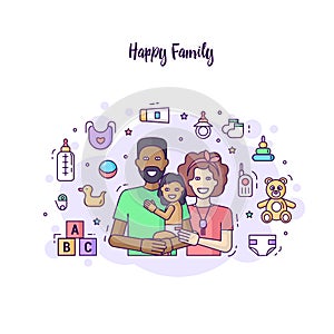 Horizontal modern banner flat line design happy family