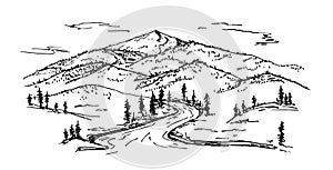 Horizontal mountain landscape with trees. Outdoor and hiking concept. Hand drawing mountain panorama. Sketch Vector