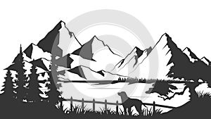 Horizontal mountain landscape with trees. Seamless mountains background. Outdoor and hiking concept. Vector illustration