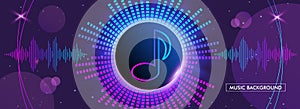 Horizontal music banner. Bright purple futuristic round equalizer.