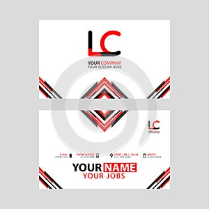 Horizontal name card with LC logo Letter and simple red black and triangular decoration on the edge.