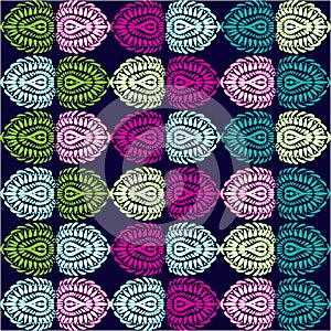 Horizontal ornament, stylized ovals feathers green, pink, purple, turquoise, yellow set on a black background