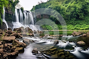 horizontal panorama of wide multi-step waterfall landscape