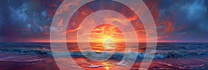 Horizontal panoramic banner of ocean sunset with clouds at golden hour with waves and saturated colors