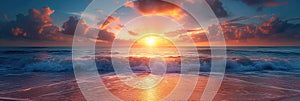 Horizontal panoramic banner of ocean sunset with clouds at golden hour with waves and saturated colors