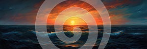 Horizontal panoramic banner of ocean sunset with clouds at golden hour with waves and saturated colors