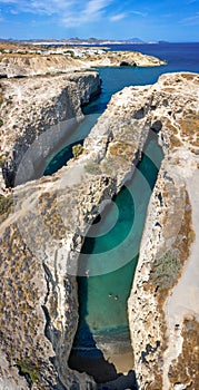 Horizontal, panoramic view to the Papafragas cave beach, Milos, Cyclades, Greece