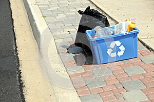 Horizontal photo of garbage and recycling on curb