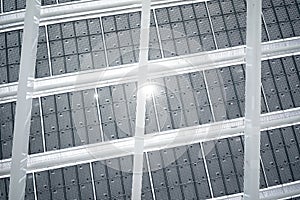 Horizontal Photo Modern Solar Panel with Sunrays Reflecting. Contemporary Building Architecture. Empty Abstract